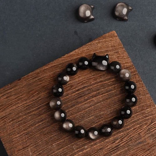 Gold & Silver Sheen Obsidian Lucky Cat Protection Bracelet Gold & Silver Sheen Obsidian Lucky Cat Protection Bracelet