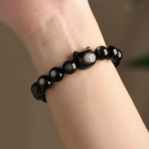 Gold & Silver Sheen Obsidian Lucky Cat Protection Bracelet Gold & Silver Sheen Obsidian Lucky Cat Protection Bracelet