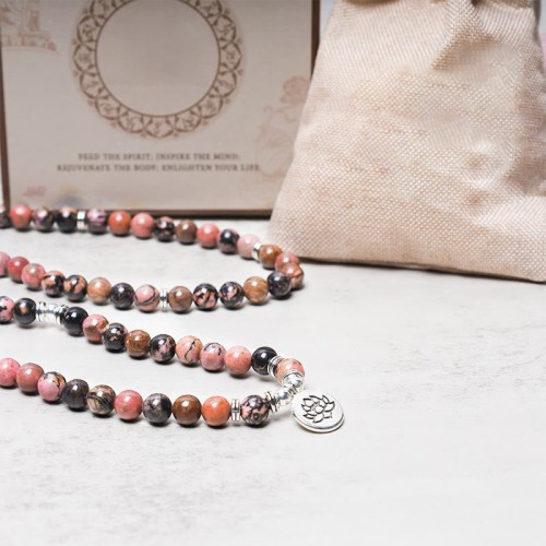 108 Mala Beads Rhodonite Lotus Compassion Bracelet 108 Mala Beads Rhodonite Lotus Compassion Bracelet