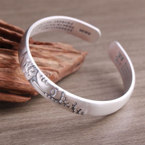 999 Sterling Silver Buddha Head Heart Sutra Serenity Bangle 999 Sterling Silver Buddha Head Heart Sutra Serenity Bangle