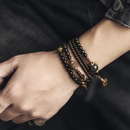 Rainbow Obsidian Ebony Wood Copper Multilayer Bracelet