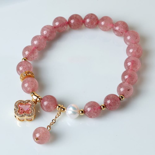 Strawberry Quartz Pearl Four Leaf Clover Bracelet