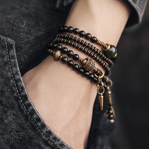 Rainbow Obsidian Ebony Wood Copper Multilayer Bracelet