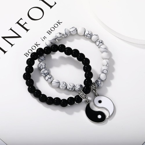 Black Onyx White Turquoise Yin Yang Protection Couple Bracelet Black Onyx White Turquoise Yin Yang Protection Couple Bracelet