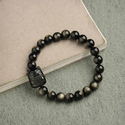 Gold & Silver Sheen Obsidian Lucky Cat Protection Bracelet Gold & Silver Sheen Obsidian Lucky Cat Protection Bracelet