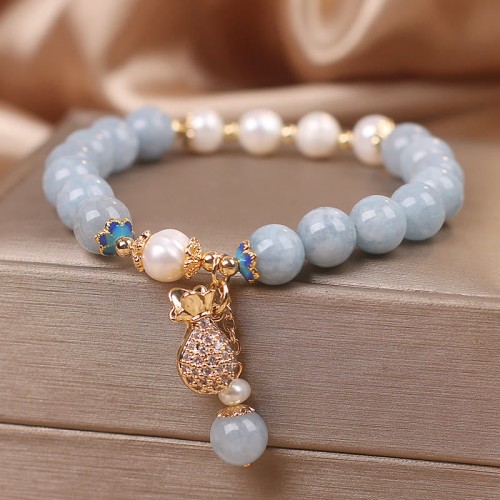 Aquamarine Pearl Money Bag Charm Bracelet Aquamarine Pearl Money Bag Charm Bracelet