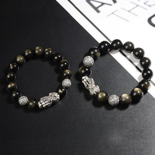 Sterling Silver Gold Sheen Obsidian PiXiu Bracelet