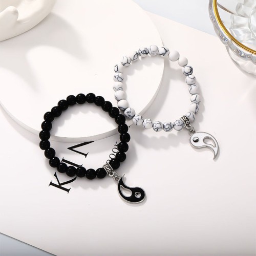 Black Onyx White Turquoise Yin Yang Protection Couple Bracelet Black Onyx White Turquoise Yin Yang Protection Couple Bracelet