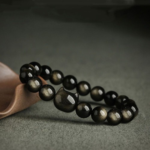 Gold & Silver Sheen Obsidian Lucky Cat Protection Bracelet Gold & Silver Sheen Obsidian Lucky Cat Protection Bracelet