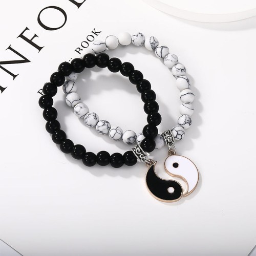 Black Onyx White Turquoise Yin Yang Protection Couple Bracelet Black Onyx White Turquoise Yin Yang Protection Couple Bracelet
