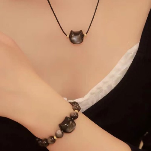 Gold & Silver Sheen Obsidian Lucky Cat Protection Bracelet Gold & Silver Sheen Obsidian Lucky Cat Protection Bracelet