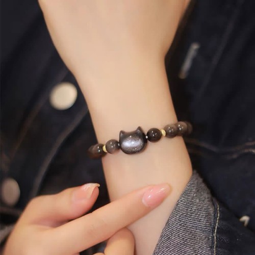 Gold & Silver Sheen Obsidian Lucky Cat Protection Bracelet Gold & Silver Sheen Obsidian Lucky Cat Protection Bracelet