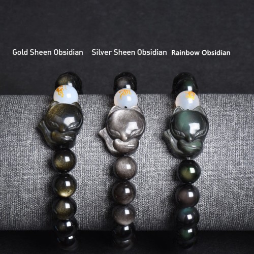 Rainbow Obsidian Fox Healing Bracelet (Gold & Silver Sheen) Rainbow Obsidian Fox Healing Bracelet (Gold & Silver Sheen)