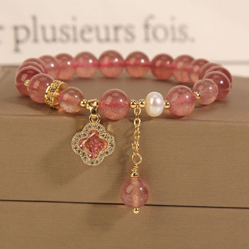 Strawberry Quartz Pearl Four Leaf Clover Bracelet