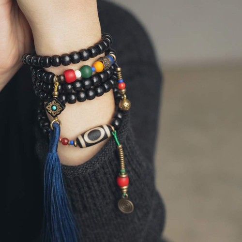 108 Beads Ebony Wood Dzi Bead Balance Bracelet 108 Beads Ebony Wood Dzi Bead Balance Bracelet