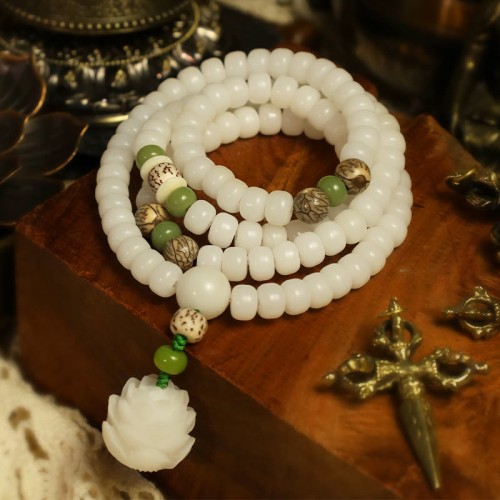 White Jade Bodhi Lotus Mala Necklace Bracelet White Jade Bodhi Lotus Mala Necklace Bracelet