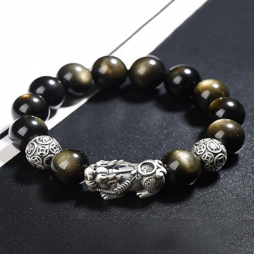 Sterling Silver Gold Sheen Obsidian PiXiu Bracelet