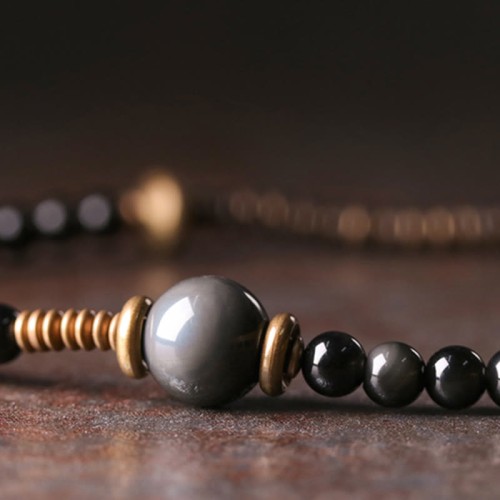 Rainbow Obsidian Ebony Wood Copper Multilayer Bracelet