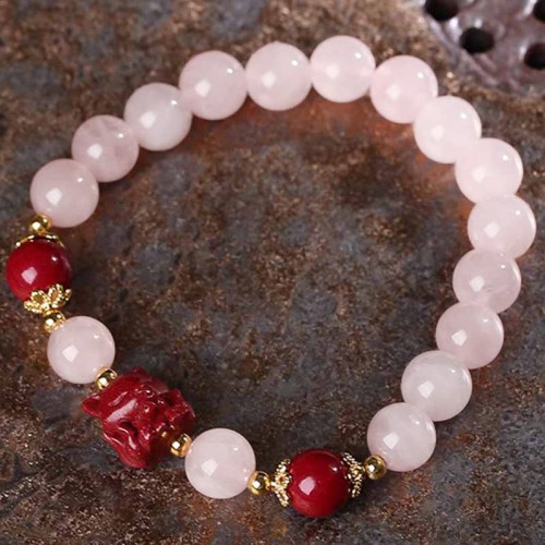 Natural Pink Crystal Cinnabar Nine-Tailed Fox Bracelet