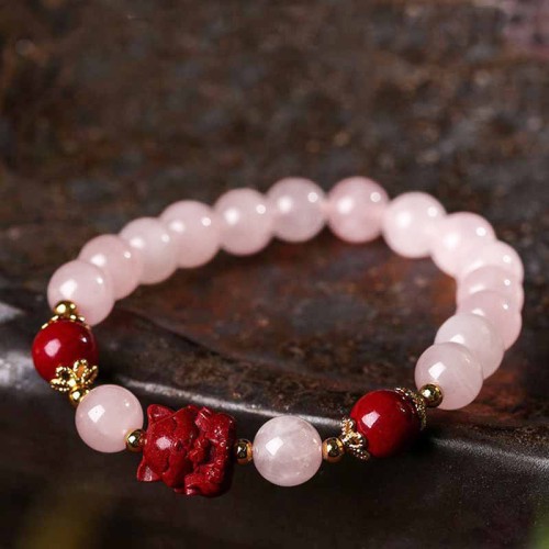 Natural Pink Crystal Cinnabar Nine-Tailed Fox Bracelet