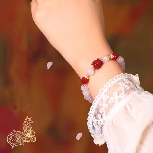 Natural Pink Crystal Cinnabar Nine-Tailed Fox Bracelet