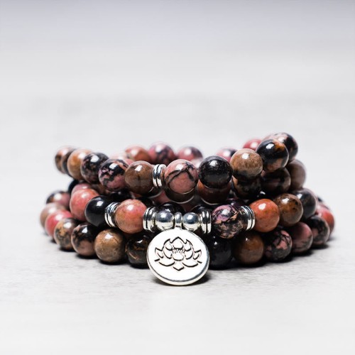 108 Mala Beads Rhodonite Lotus Compassion Bracelet 108 Mala Beads Rhodonite Lotus Compassion Bracelet
