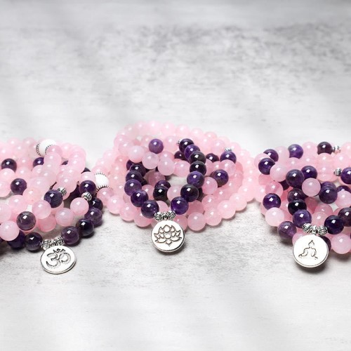 Rose Quartz & Amethyst Mala Bead Bracelet Rose Quartz & Amethyst Mala Bead Bracelet