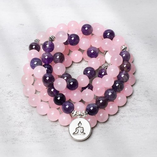 Rose Quartz & Amethyst Mala Bead Bracelet Rose Quartz & Amethyst Mala Bead Bracelet