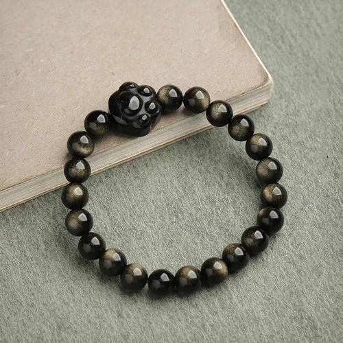 Gold & Silver Sheen Obsidian Lucky Cat Protection Bracelet Gold & Silver Sheen Obsidian Lucky Cat Protection Bracelet