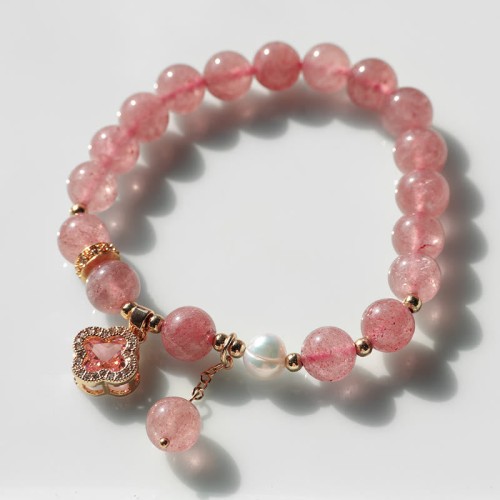 Strawberry Quartz Pearl Four Leaf Clover Bracelet
