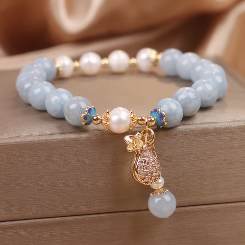 Aquamarine Pearl Money Bag Charm Bracelet Aquamarine Pearl Money Bag Charm Bracelet