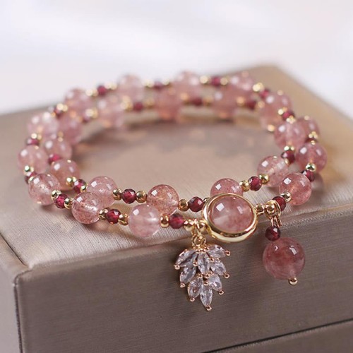 Strawberry Quartz Maple Leaf Charm Double Wrap Bracelet Strawberry Quartz Maple Leaf Charm Double Wrap Bracelet
