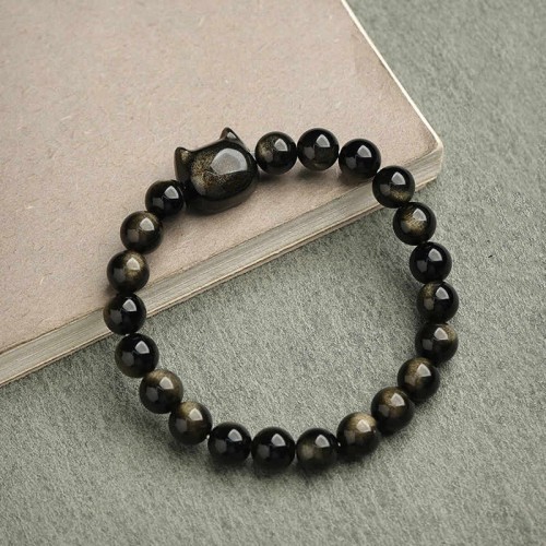 Gold & Silver Sheen Obsidian Lucky Cat Protection Bracelet Gold & Silver Sheen Obsidian Lucky Cat Protection Bracelet