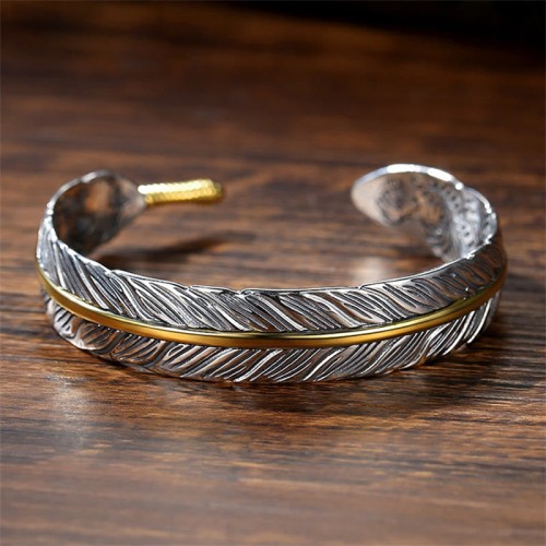 Feather Carved Luck Wealth Cuff Bracelet Feather Carved Luck Wealth Cuff Bracelet