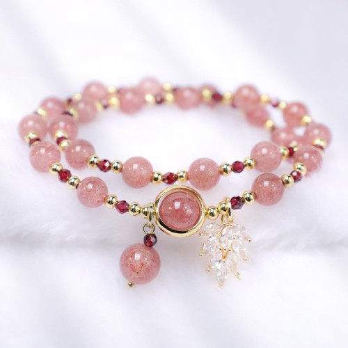 Strawberry Quartz Maple Leaf Charm Double Wrap Bracelet Strawberry Quartz Maple Leaf Charm Double Wrap Bracelet