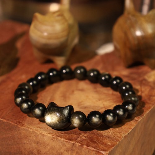 Gold & Silver Sheen Obsidian Lucky Cat Protection Bracelet Gold & Silver Sheen Obsidian Lucky Cat Protection Bracelet