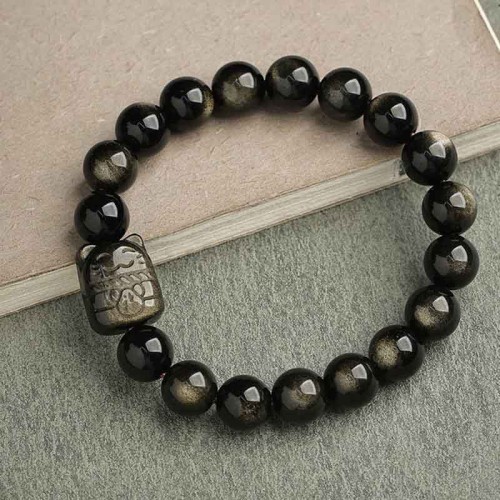Gold & Silver Sheen Obsidian Lucky Cat Protection Bracelet Gold & Silver Sheen Obsidian Lucky Cat Protection Bracelet