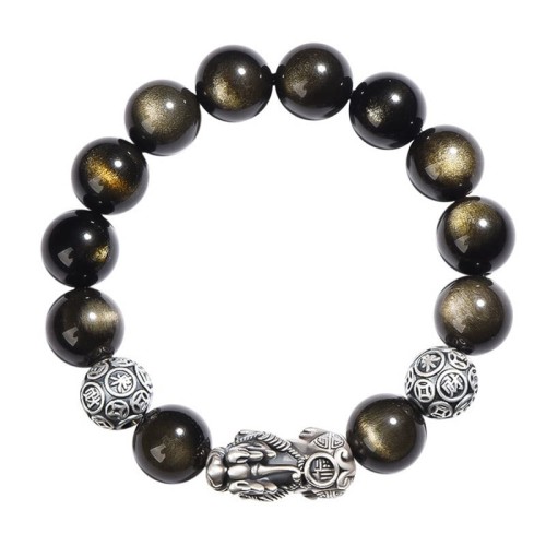 Sterling Silver Gold Sheen Obsidian PiXiu Bracelet