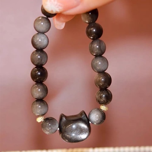 Gold & Silver Sheen Obsidian Lucky Cat Protection Bracelet Gold & Silver Sheen Obsidian Lucky Cat Protection Bracelet