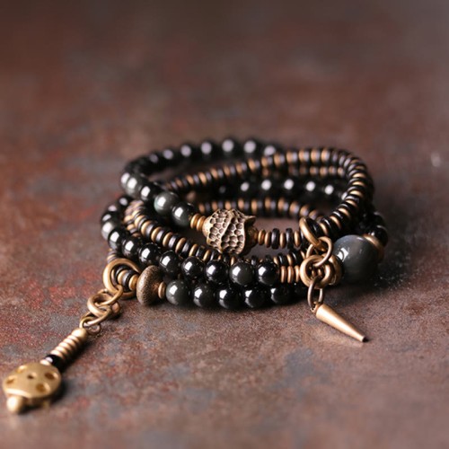 Rainbow Obsidian Ebony Wood Copper Multilayer Bracelet