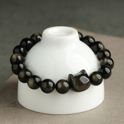 Gold & Silver Sheen Obsidian Lucky Cat Protection Bracelet Gold & Silver Sheen Obsidian Lucky Cat Protection Bracelet