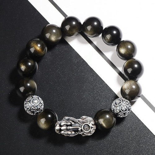 Sterling Silver Gold Sheen Obsidian PiXiu Bracelet