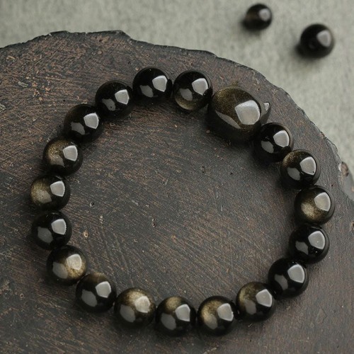 Gold & Silver Sheen Obsidian Lucky Cat Protection Bracelet Gold & Silver Sheen Obsidian Lucky Cat Protection Bracelet