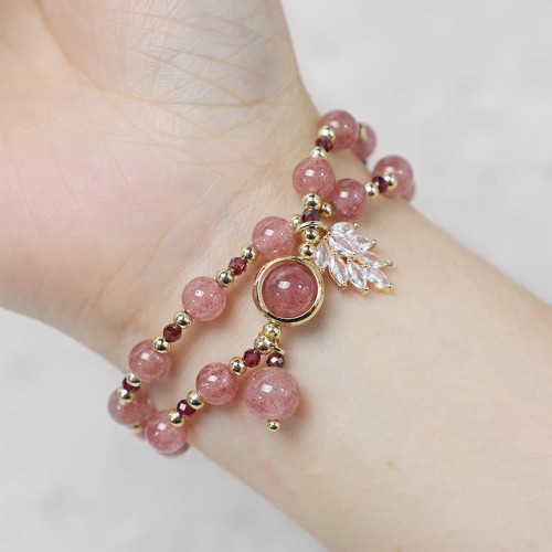Strawberry Quartz Maple Leaf Charm Double Wrap Bracelet Strawberry Quartz Maple Leaf Charm Double Wrap Bracelet