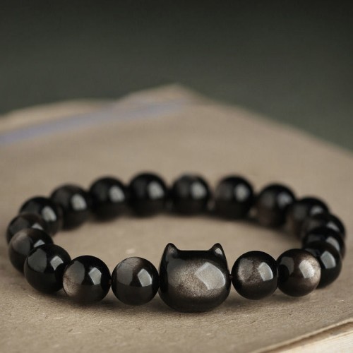 Gold & Silver Sheen Obsidian Lucky Cat Protection Bracelet Gold & Silver Sheen Obsidian Lucky Cat Protection Bracelet