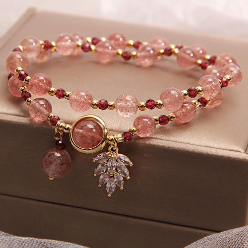 Strawberry Quartz Maple Leaf Charm Double Wrap Bracelet Strawberry Quartz Maple Leaf Charm Double Wrap Bracelet