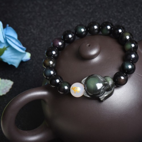 Rainbow Obsidian Fox Healing Bracelet (Gold & Silver Sheen) Rainbow Obsidian Fox Healing Bracelet (Gold & Silver Sheen)