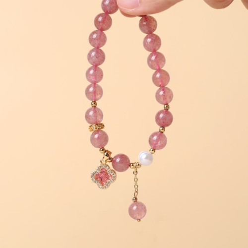 Strawberry Quartz Pearl Four Leaf Clover Bracelet