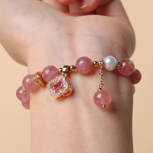 Strawberry Quartz Pearl Four Leaf Clover Bracelet