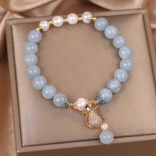 Aquamarine Pearl Money Bag Charm Bracelet Aquamarine Pearl Money Bag Charm Bracelet